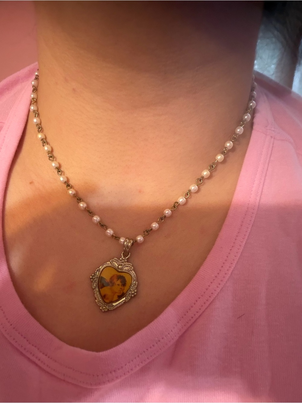 Pearl Beaded Heart Necklace Cherub
